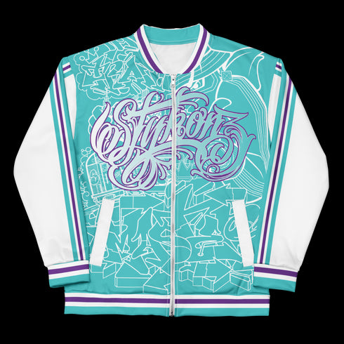 Women’s Graffiti Bomber Jacket – Stykonz Turquoise Mix Script | Hip - Hop Streetwear Jacket - Stykonz Graffiti Streetwear