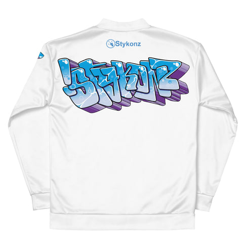 Women’s Graffiti Bomber Jacket – White Ice - Block Blockbuster | Hip - Hop Streetwear Jacket - Stykonz Graffiti Streetwear