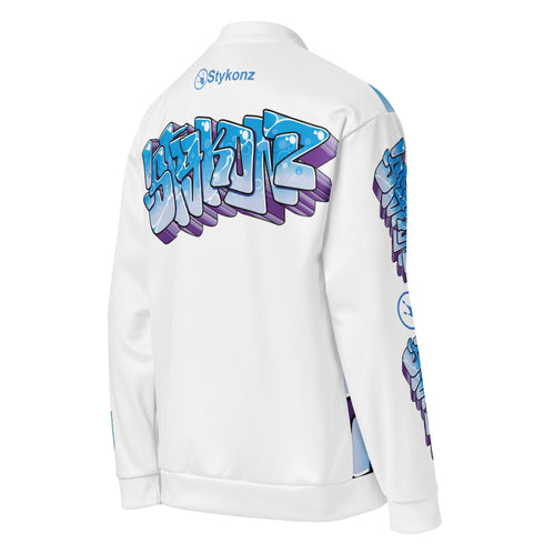 Women’s Graffiti Bomber Jacket – White Ice - Block Blockbuster | Hip - Hop Streetwear Jacket - Stykonz Graffiti Streetwear