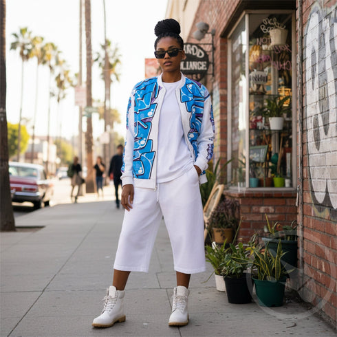 Women’s Graffiti Bomber Jacket – White Ice - Block Blockbuster | Hip - Hop Streetwear Jacket - Stykonz Graffiti Streetwear