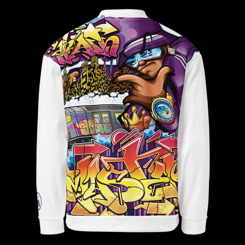 Women’s Graffiti Bomber Jacket – White The Train Master NY Wildstyle | Hip - Hop Streetwear Jacket - Stykonz Graffiti Streetwear