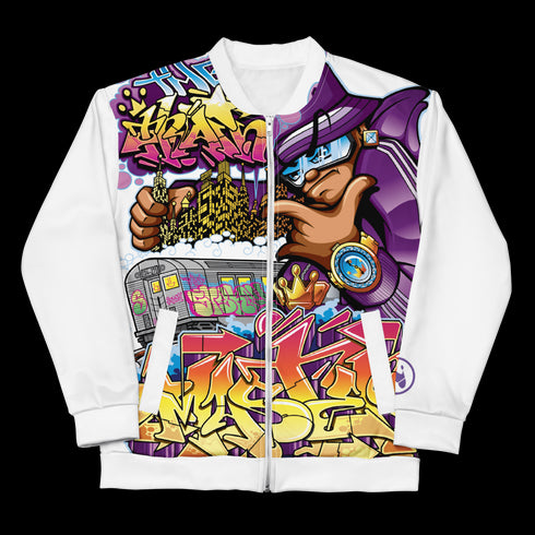 Women’s Graffiti Bomber Jacket – White The Train Master NY Wildstyle | Hip - Hop Streetwear Jacket - Stykonz Graffiti Streetwear