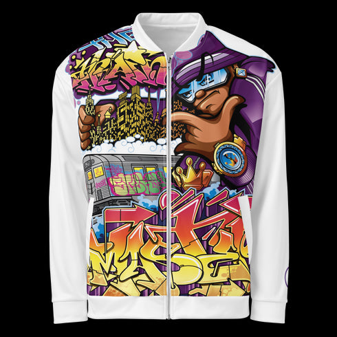 Women’s Graffiti Bomber Jacket – White The Train Master NY Wildstyle | Hip - Hop Streetwear Jacket - Stykonz Graffiti Streetwear