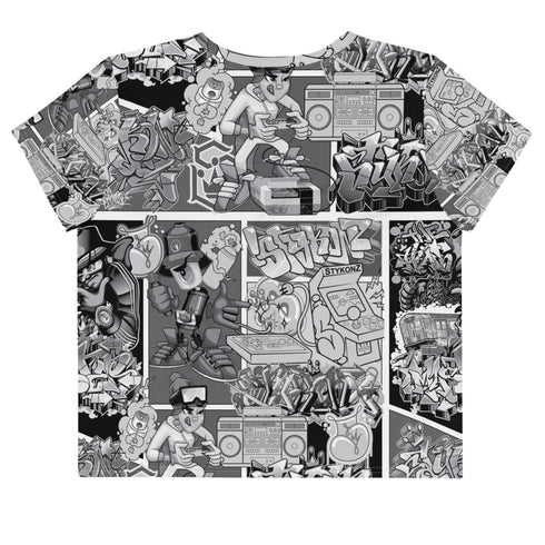 Women's Graffiti Crop Tee B&W Comic Stykonz 1 - Stykonz Graffiti Streetwear