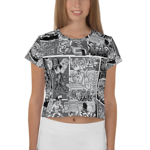 Women's Graffiti Crop Tee B&W Comic Stykonz 1 - Stykonz Graffiti Streetwear