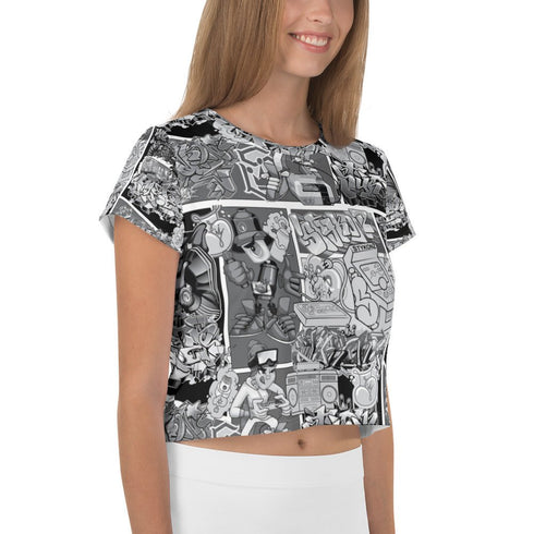 Women's Graffiti Crop Tee B&W Comic Stykonz 1 - Stykonz Graffiti Streetwear