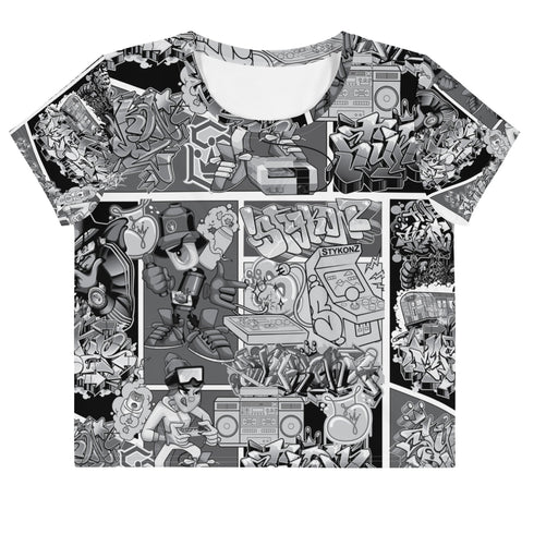Women's Graffiti Crop Tee B&W Comic Stykonz 1 - Stykonz Graffiti Streetwear