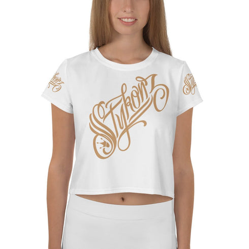 Women's Graffiti Crop Tee Gold on White Scriptkonz - Stykonz Graffiti Streetwear