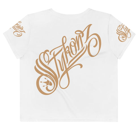 Women's Graffiti Crop Tee Gold on White Scriptkonz - Stykonz Graffiti Streetwear