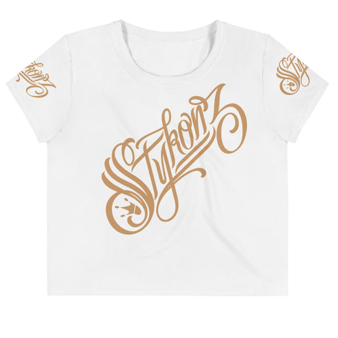 Women's Graffiti Crop Tee Gold on White Scriptkonz - Stykonz Graffiti Streetwear