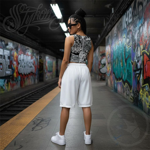 Women's Graffiti Crop Top feat B&W Comic Stykonz 1 - Stykonz Graffiti Streetwear