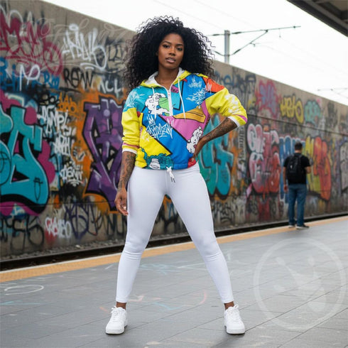Women’s Graffiti Cropped Windbreaker – 90’s Elements Throw Ups & Tags | Stykonz Hip - Hop Streetwear Jacket - Stykonz Graffiti Streetwear