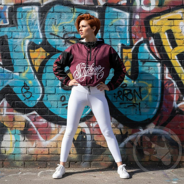 Women’s Graffiti Cropped Windbreaker – Black Cherry | Stykonz Hip - Hop Streetwear Jacket - Stykonz Graffiti Streetwear