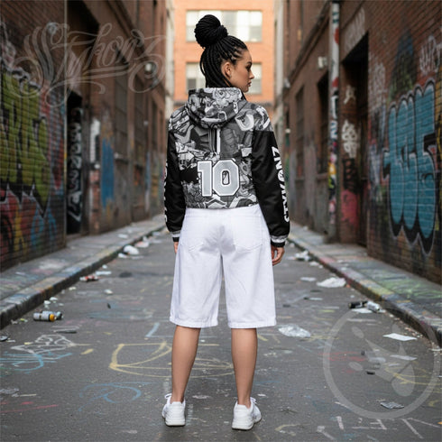 Women’s Graffiti Cropped Windbreaker – B&W Comic Stykonz 1 | Hip - Hop Streetwear Jacket - Stykonz Graffiti Streetwear