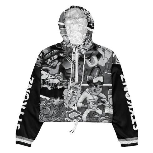 Women’s Graffiti Cropped Windbreaker – B&W Comic Stykonz 1 | Hip - Hop Streetwear Jacket - Stykonz Graffiti Streetwear