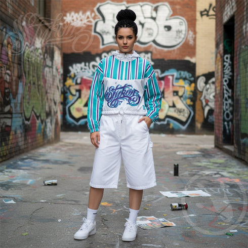 Women’s Graffiti Cropped Windbreaker – Stykonz Candy Turquoise Script | Hip - Hop Streetwear Jacket - Stykonz Graffiti Streetwear