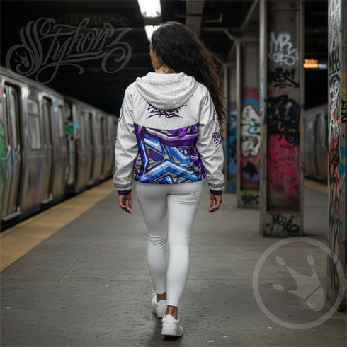 Women’s Graffiti Cropped Windbreaker – Stykonz Purple Wildstyle | Hip - Hop Streetwear Jacket - Stykonz Graffiti Streetwear
