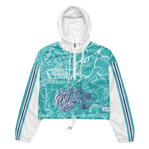 Women’s Graffiti Cropped Windbreaker – Turquoise Mix Script | Stykonz Hip - Hop Streetwear Jacket - Stykonz Graffiti Streetwear
