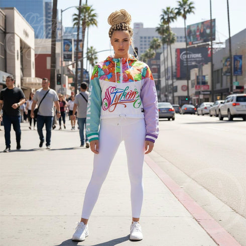 Women’s Graffiti Cropped Windbreaker – White Candy | Stykonz Hip - Hop Streetwear Jacket - Stykonz Graffiti Streetwear