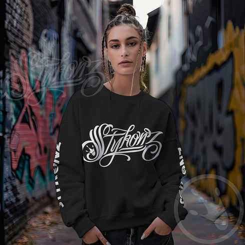 Women’s Graffiti Fleece Sweatshirt – White Scriptkonz | Hip - Hop Streetwear Sweatshirt - Stykonz Graffiti Streetwear