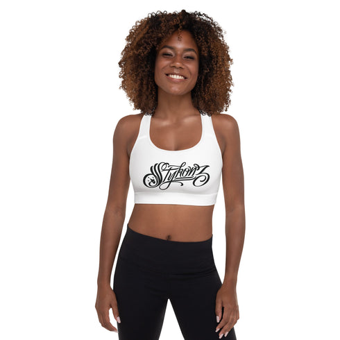 Women's Graffiti Padded Sports Bra Black on White Scriptkonz - Stykonz Graffiti Streetwear