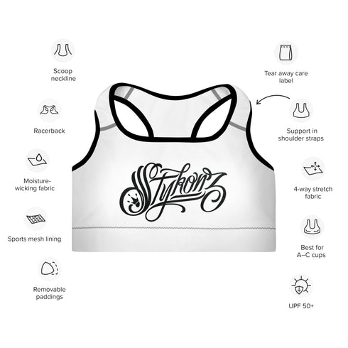 Women's Graffiti Padded Sports Bra Black on White Scriptkonz - Stykonz Graffiti Streetwear