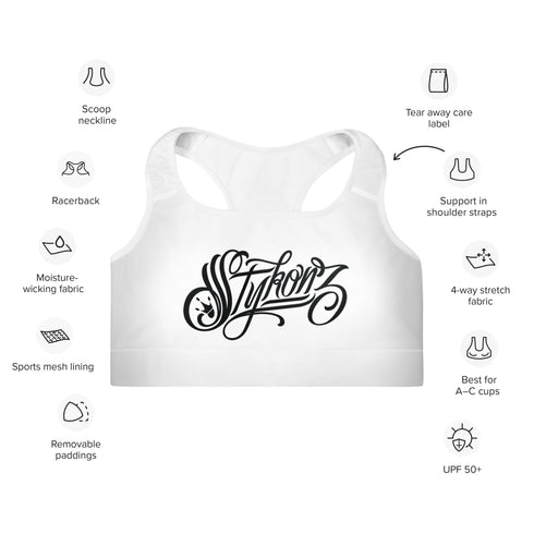 Women's Graffiti Padded Sports Bra Black on White Scriptkonz - Stykonz Graffiti Streetwear