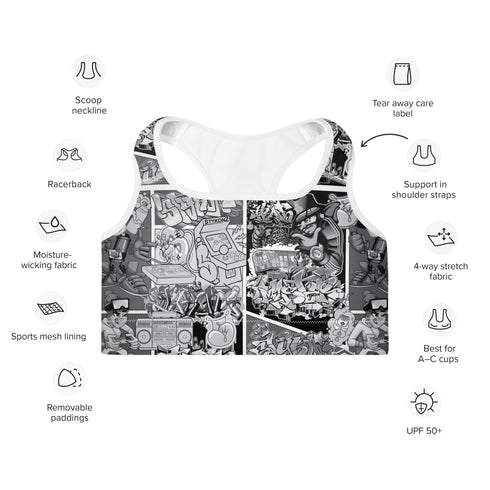 Women's Graffiti Padded Sports Bra B&W Comic Stykonz 1 - Stykonz Graffiti Streetwear