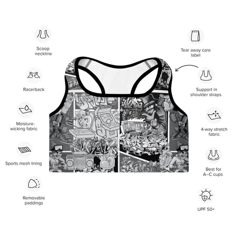 Women's Graffiti Padded Sports Bra B&W Comic Stykonz 1 - Stykonz Graffiti Streetwear