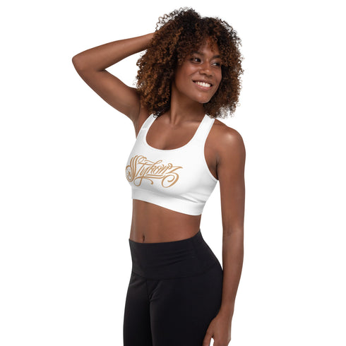 Women's Graffiti Padded Sports Bra Gold on White Scriptkonz - Stykonz Graffiti Streetwear