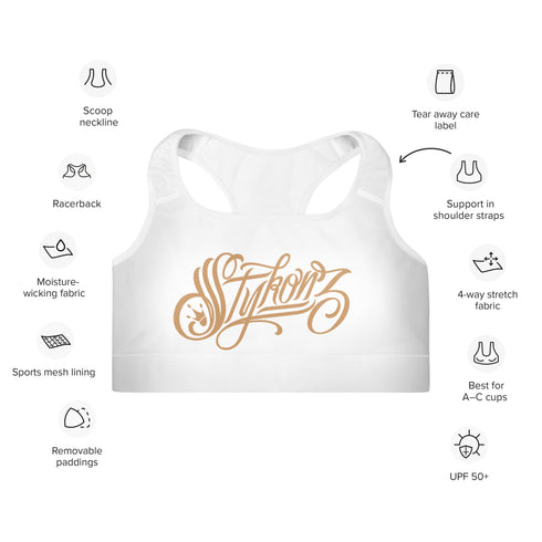 Women's Graffiti Padded Sports Bra Gold on White Scriptkonz - Stykonz Graffiti Streetwear