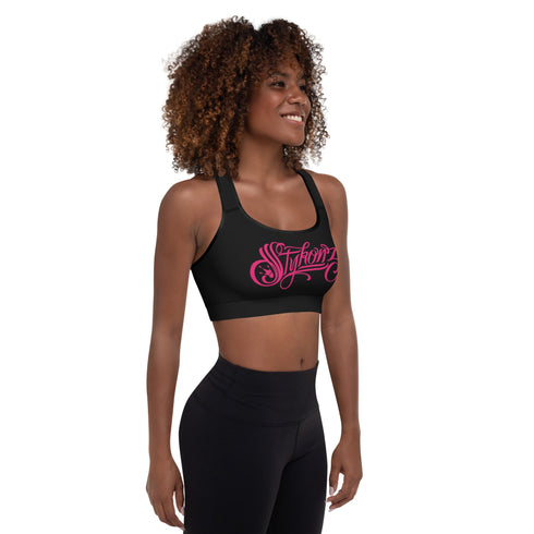 Women's Graffiti Padded Sports Bra Hot Pink Scriptkonz on Black - Stykonz Graffiti Streetwear