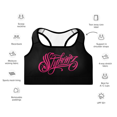 Women's Graffiti Padded Sports Bra Hot Pink Scriptkonz on Black - Stykonz Graffiti Streetwear
