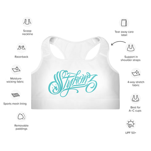 Women's Graffiti Padded Sports Bra Turquoise on White Scriptkonz - Stykonz Graffiti Streetwear