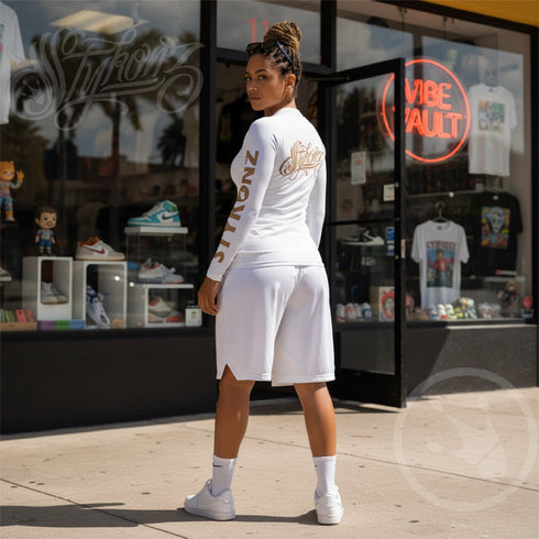 Women's Graffiti Rash Guard Gold on White Scriptkonz - Stykonz Graffiti Streetwear