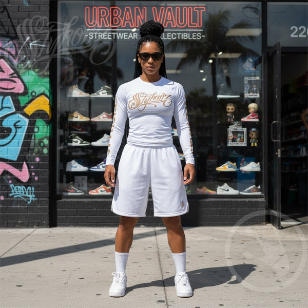Women's Graffiti Rash Guard Gold on White Scriptkonz - Stykonz Graffiti Streetwear