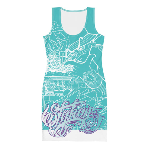 Women's Graffiti Summer Dress Stykonz Turquoise & White Mix Script - Stykonz Graffiti Streetwear