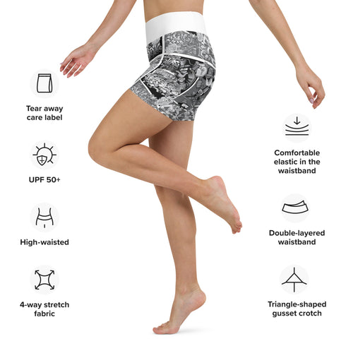 Women's Graffiti Yoga Shorts feat B&W Comic Stykonz 1 - Stykonz Graffiti Streetwear