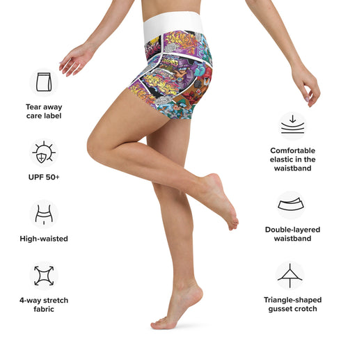 Women's Graffiti Yoga Shorts feat Comic Stykonz 1 - Stykonz Graffiti Streetwear