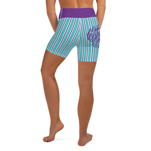 Women's Graffiti Yoga Shorts feat Stykonz Candy Turquoise Script - Stykonz Graffiti Streetwear