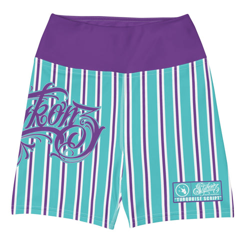 Women's Graffiti Yoga Shorts feat Stykonz Candy Turquoise Script - Stykonz Graffiti Streetwear