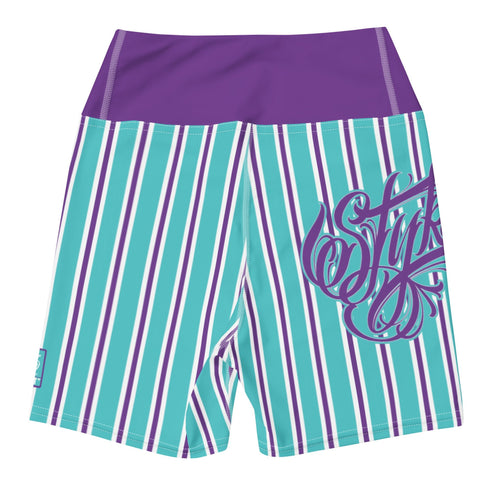 Women's Graffiti Yoga Shorts feat Stykonz Candy Turquoise Script - Stykonz Graffiti Streetwear
