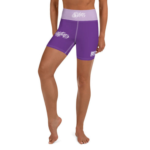Women's Graffiti Yoga Shorts feat Stykonz Purple and White Throwup Script - Stykonz Graffiti Streetwear