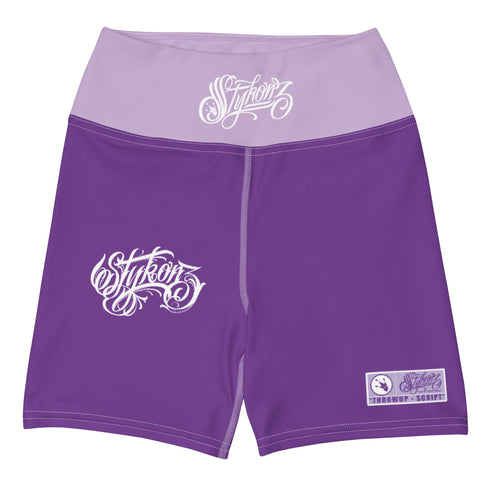 Women's Graffiti Yoga Shorts feat Stykonz Purple and White Throwup Script - Stykonz Graffiti Streetwear