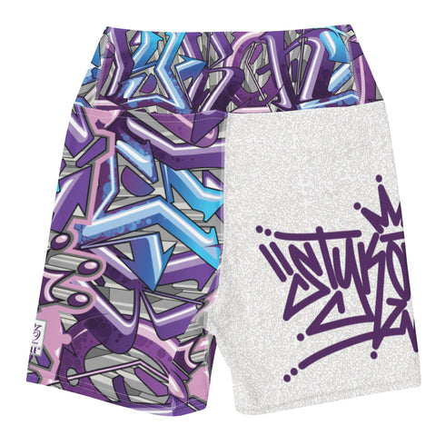 Women's Graffiti Yoga Shorts feat Stykonz Purple Wildstyle - Stykonz Graffiti Streetwear