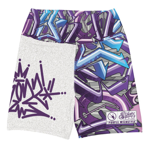 Women's Graffiti Yoga Shorts feat Stykonz Purple Wildstyle - Stykonz Graffiti Streetwear