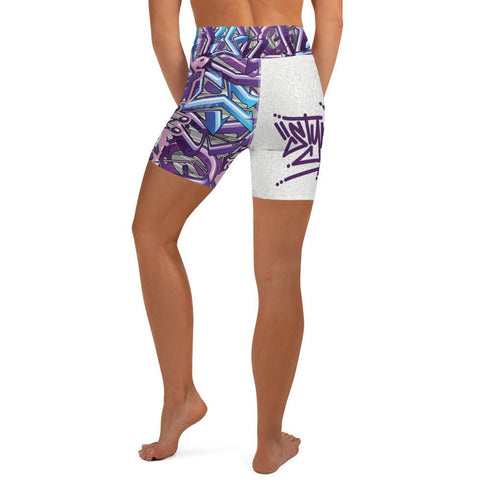 Women's Graffiti Yoga Shorts feat Stykonz Purple Wildstyle - Stykonz Graffiti Streetwear