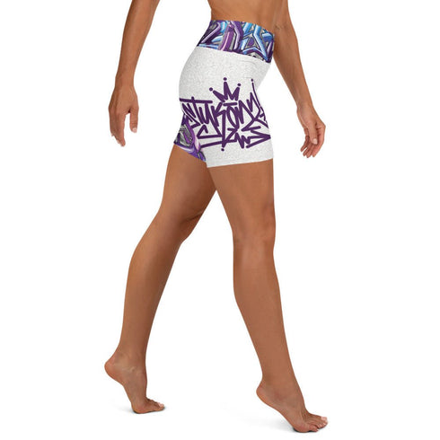 Women's Graffiti Yoga Shorts feat Stykonz Purple Wildstyle - Stykonz Graffiti Streetwear