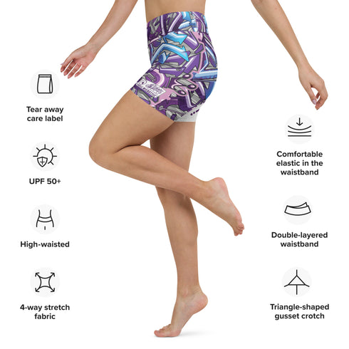Women's Graffiti Yoga Shorts feat Stykonz Purple Wildstyle - Stykonz Graffiti Streetwear