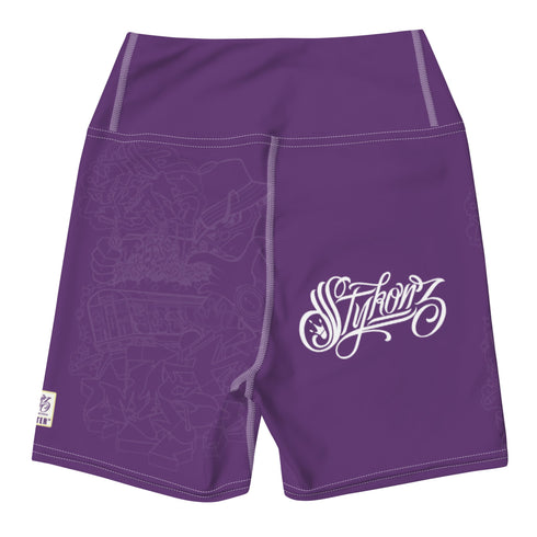 Women's Graffiti Yoga Shorts feat The Train Master Purple - Stykonz Graffiti Streetwear